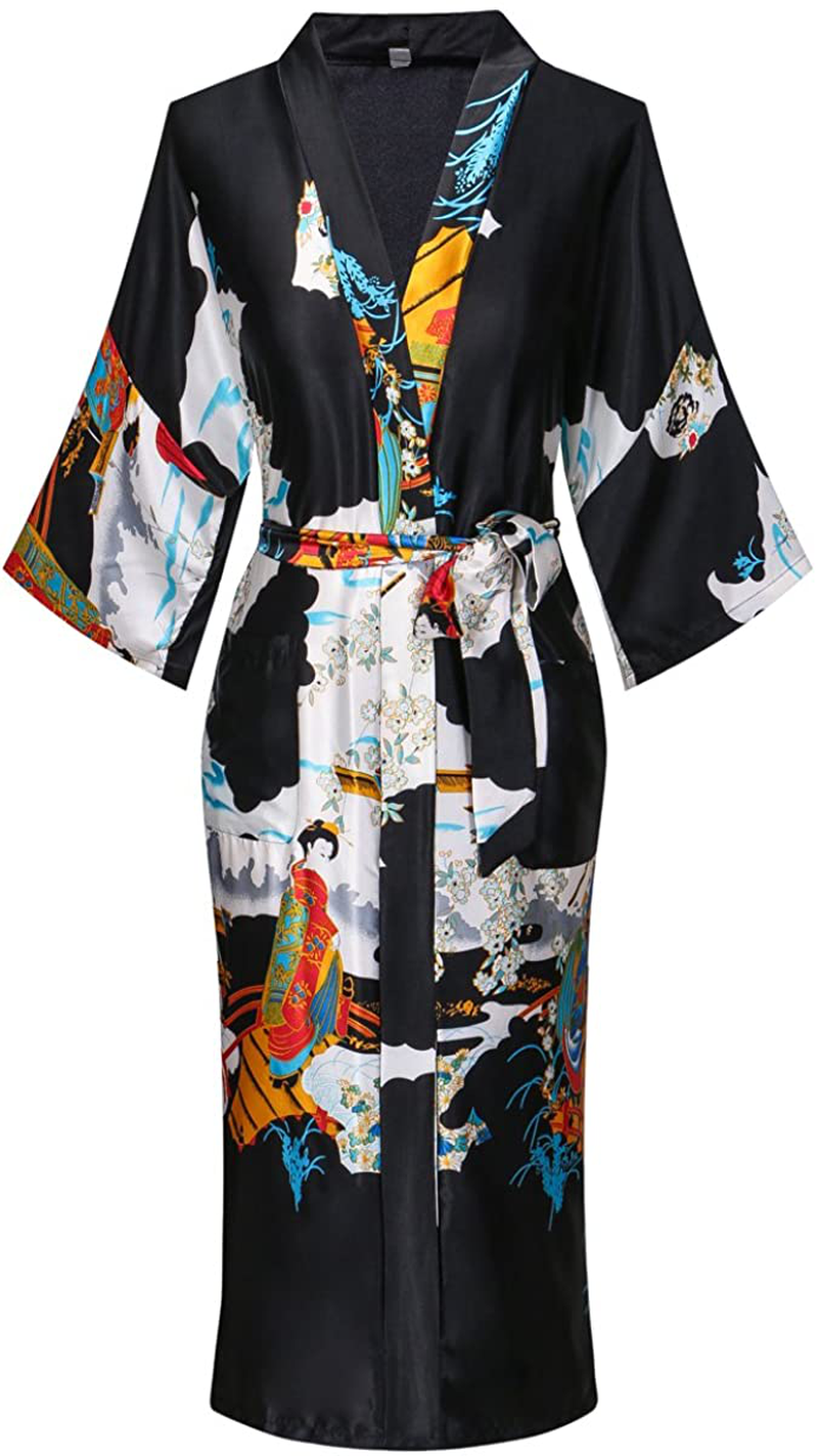 Dandychic Women'S Kimono Robes Lightweight Imitation Silk Sleepwear Long Lightweight Nightgown for Women Apparel & Accessories > Clothing > Sleepwear & Loungewear > Robes DandyChic Black Small 