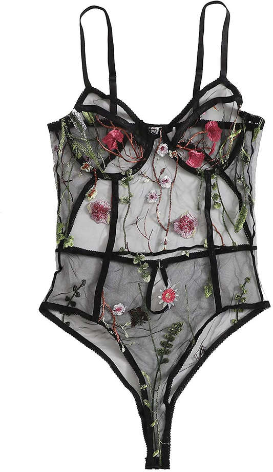 Milumia Women Sexy V Neck Floral Embroidery Sheer Mesh Backless Teddies Lingerie Mini Bodysuits Apparel & Accessories > Clothing > Underwear & Socks > Lingerie Milumia Floral Small 