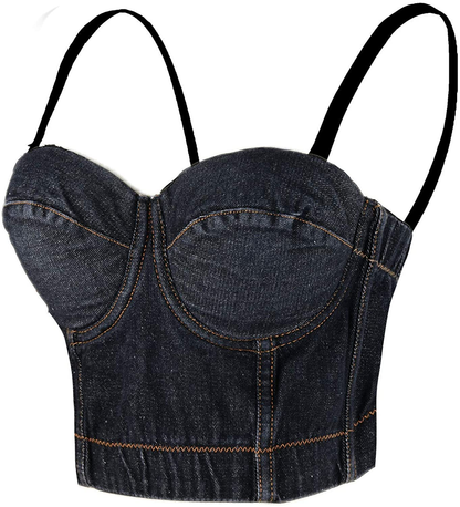 ELLACCI Women'S Denim Bustier Crop Top Jean Corset Top Bra with Detachable Straps Apparel & Accessories > Clothing > Underwear & Socks > Lingerie ELLACCI Medium  
