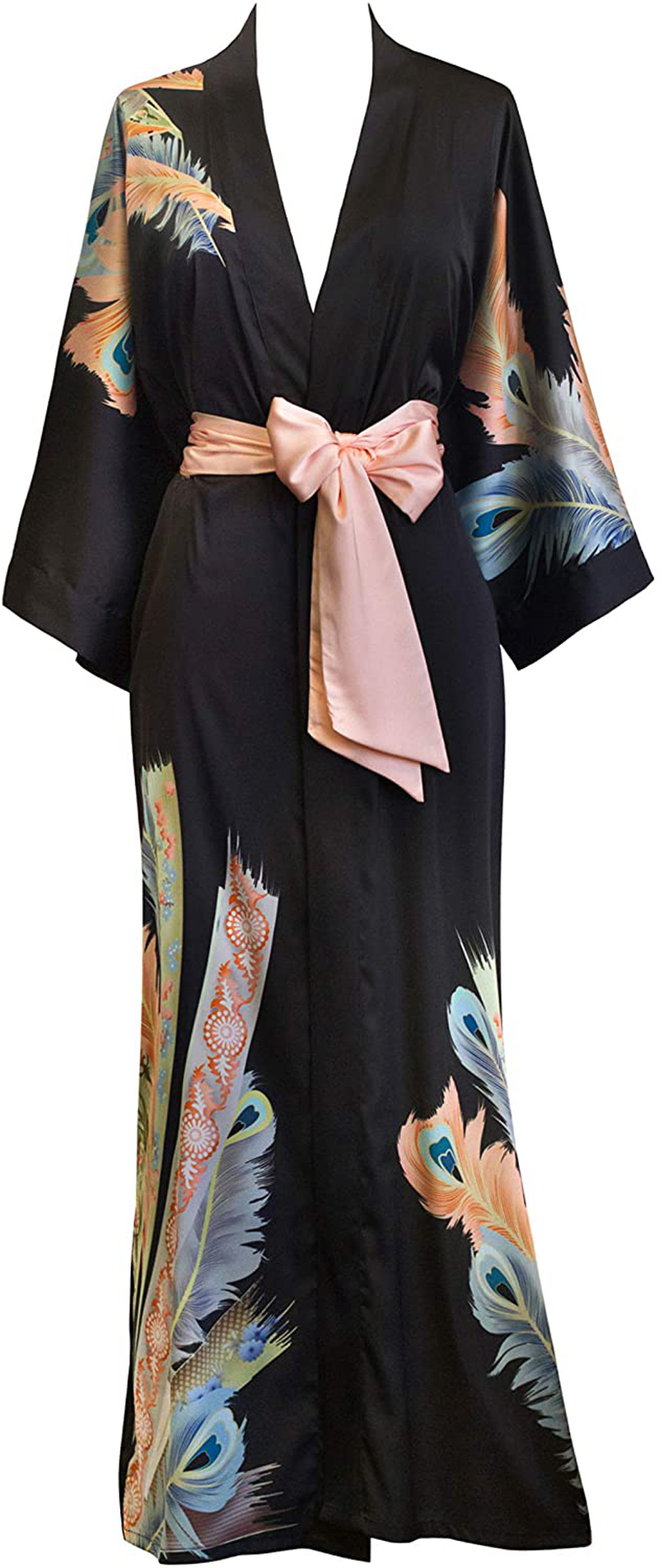 KIM+ONO Women'S Charmeuse Kimono Robe Long - Watercolor Floral Apparel & Accessories > Clothing > Sleepwear & Loungewear > Robes KIM+ONO Peacock Feather - Black  