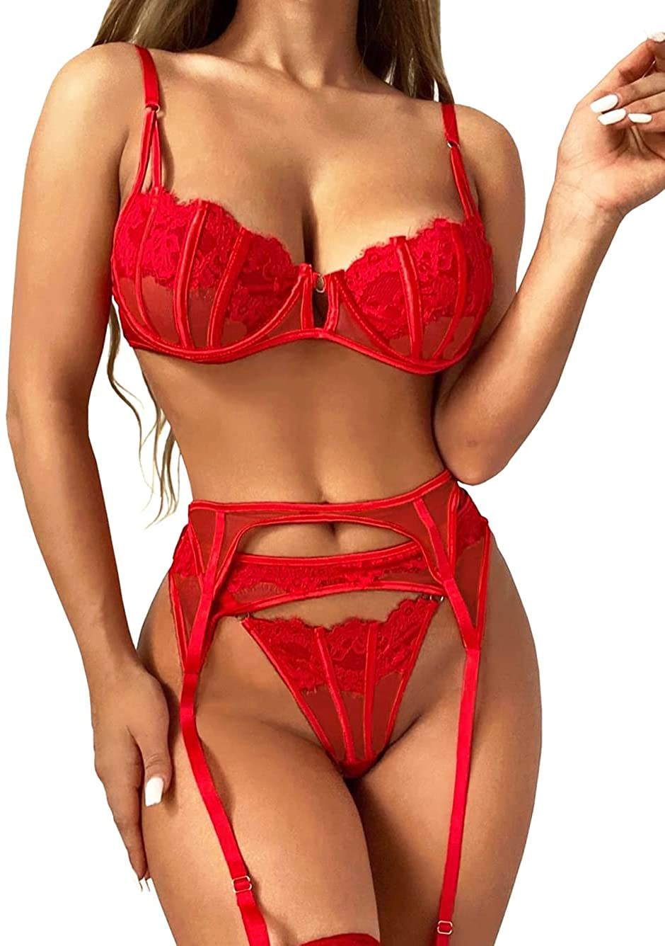 Kaei&Shi Floral Lace Patchwork,Underwire Demi Bra,Double Layered Belt,Thong,Garter Lingerie Set Apparel & Accessories > Clothing > Underwear & Socks > Lingerie Kaei&Shi   