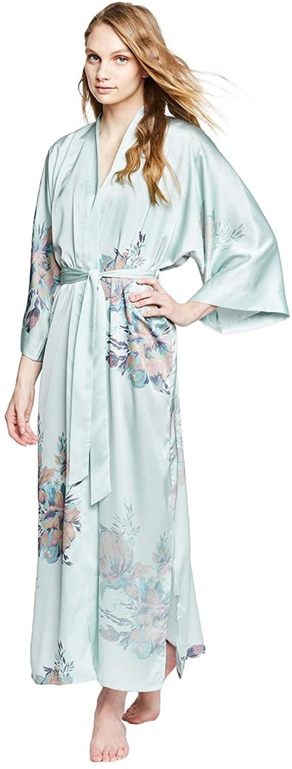 KIM+ONO Women'S Charmeuse Kimono Robe Long - Watercolor Floral Apparel & Accessories > Clothing > Sleepwear & Loungewear > Robes KIM+ONO Fura - Pearl Blue  