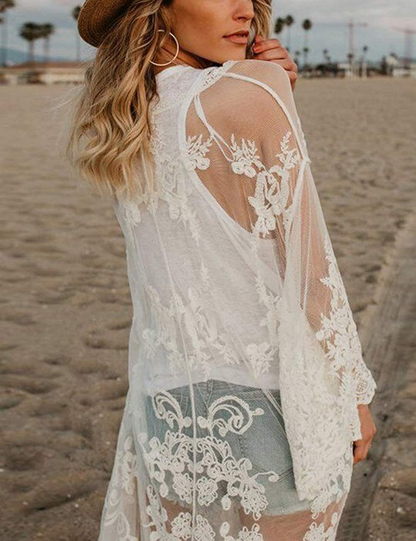 Bsubseach Women Sexy Lace Crochet Open Front Swimsuit Beach Long Kimono Cover Ups Apparel & Accessories > Clothing > Swimwear Kylie Max   