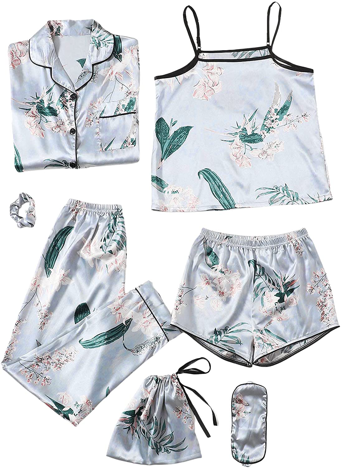 Shein Women'S 7Pcs Satin Pajama Set Cami Pjs with Shirt and Eye Mask Apparel & Accessories > Clothing > Sleepwear & Loungewear Kylie Max   