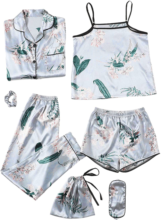 Shein Women'S 7Pcs Satin Pajama Set Cami Pjs with Shirt and Eye Mask Apparel & Accessories > Clothing > Sleepwear & Loungewear Kylie Max   
