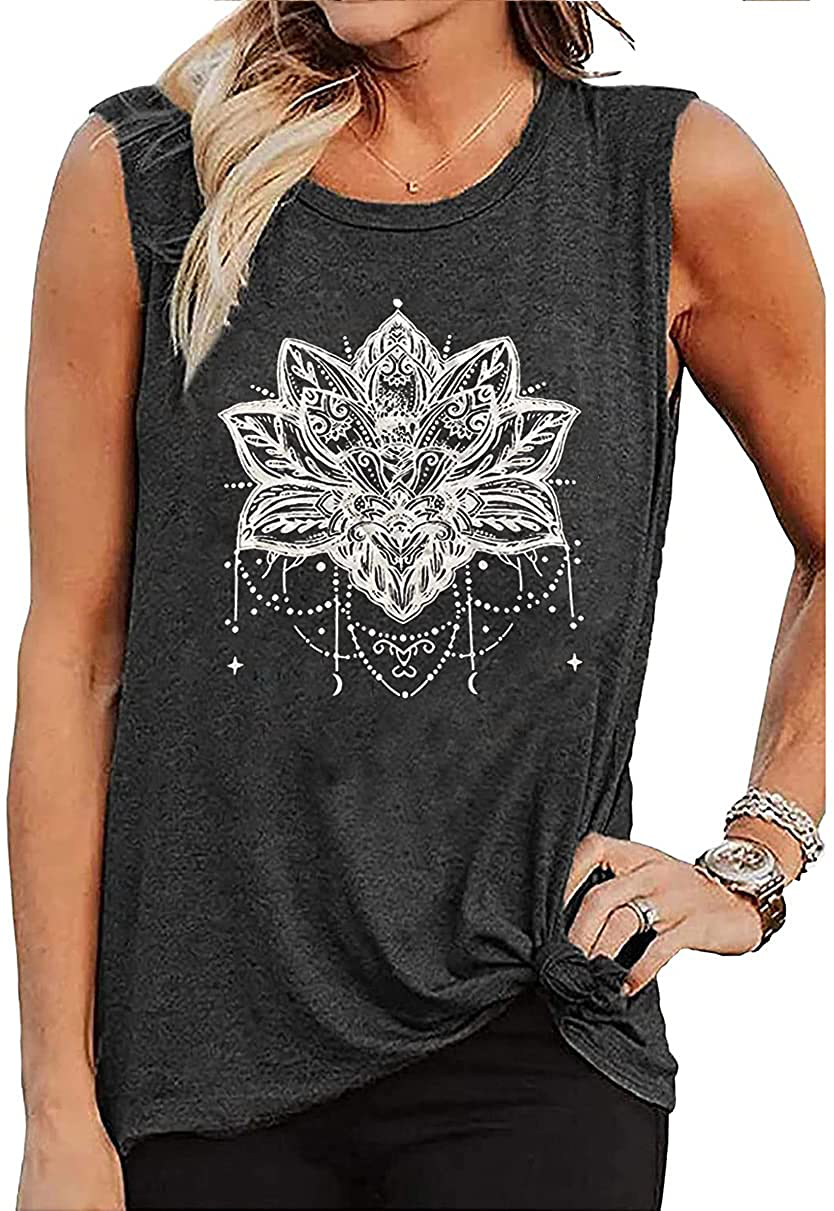 QIANRUO Lotus Flower Tank Top Women Meditation Yoga Shirts Casual Workout Muscle Tank Top Summer Sleeveless Graphic Tees Vest Apparel & Accessories > Clothing > Activewear Kylie Max   