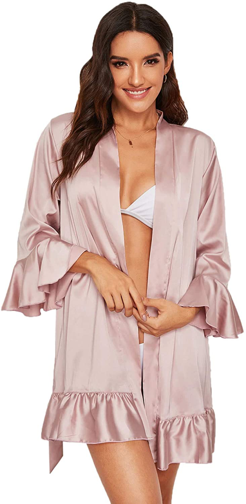 Floerns Women'S Ruffle Hem Belted Satin Kimono Bridesmaids Robe Apparel & Accessories > Clothing > Sleepwear & Loungewear > Robes Floerns   