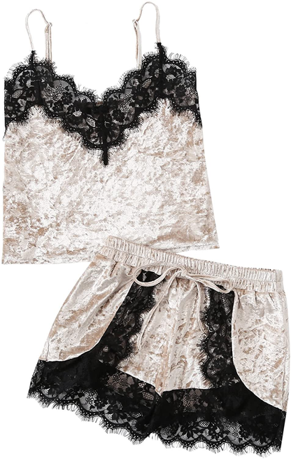 DIDK Women'S Lace Trim V Neck Cami and Shorts Pajama Set Sexy Sleepwear Apparel & Accessories > Clothing > Sleepwear & Loungewear Kylie Max   