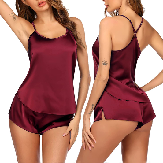 Sheshow Women'S Cami Shorts Sets Satin Sexy Lingerie Pajamas Silky Pjs Sleepwear O Neck Nightwear Lounge Set S-XXL Apparel & Accessories > Clothing > Sleepwear & Loungewear Kylie Max   