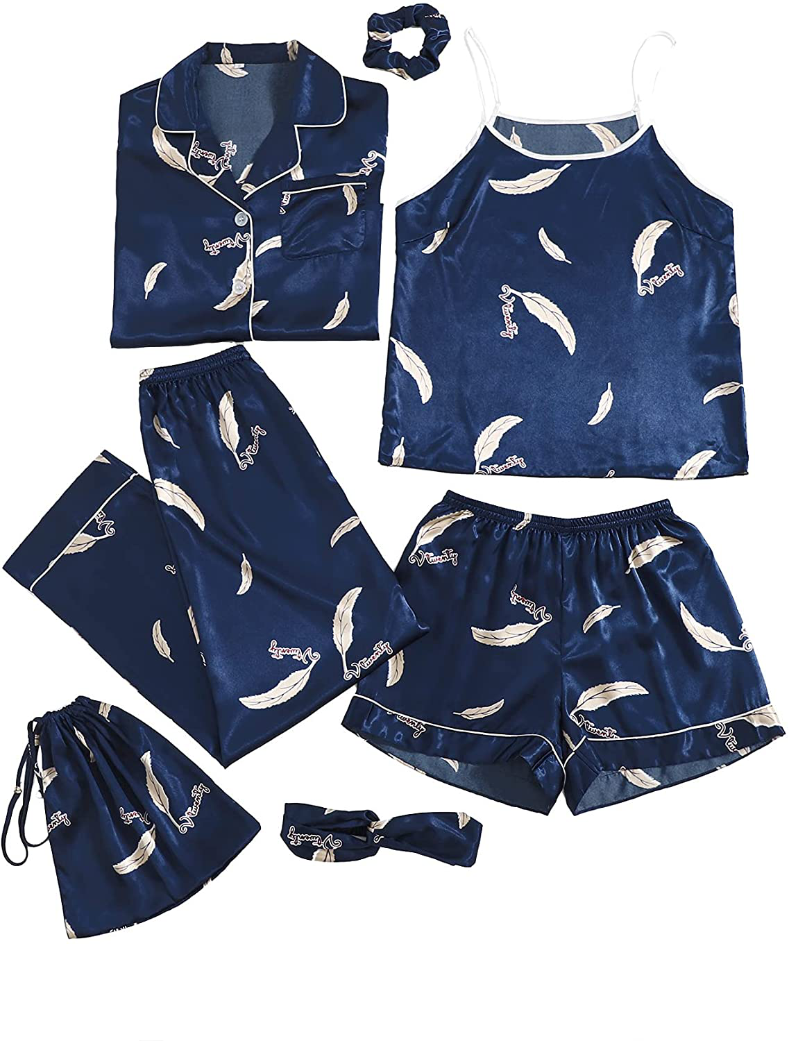 SheIn Women's 7pcs Pajama Set Cami Pjs with Shirt and Eye Mask Apparel & Accessories > Clothing > Sleepwear & Loungewear > Pajamas SheIn Navy Blue Feather Small 