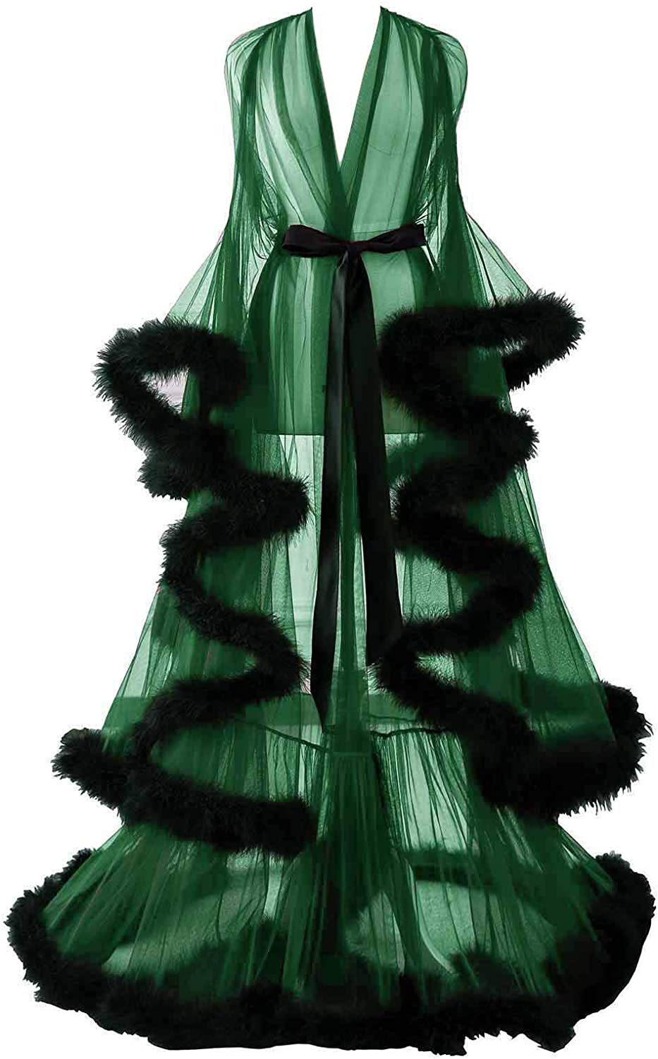 Changuan Sexy Illusion Long Lingerie Robe Nightgown Bathrobe Sleepwear Feather Bridal Robe Wedding Scarf Apparel & Accessories > Clothing > Sleepwear & Loungewear > Robes Changuan   