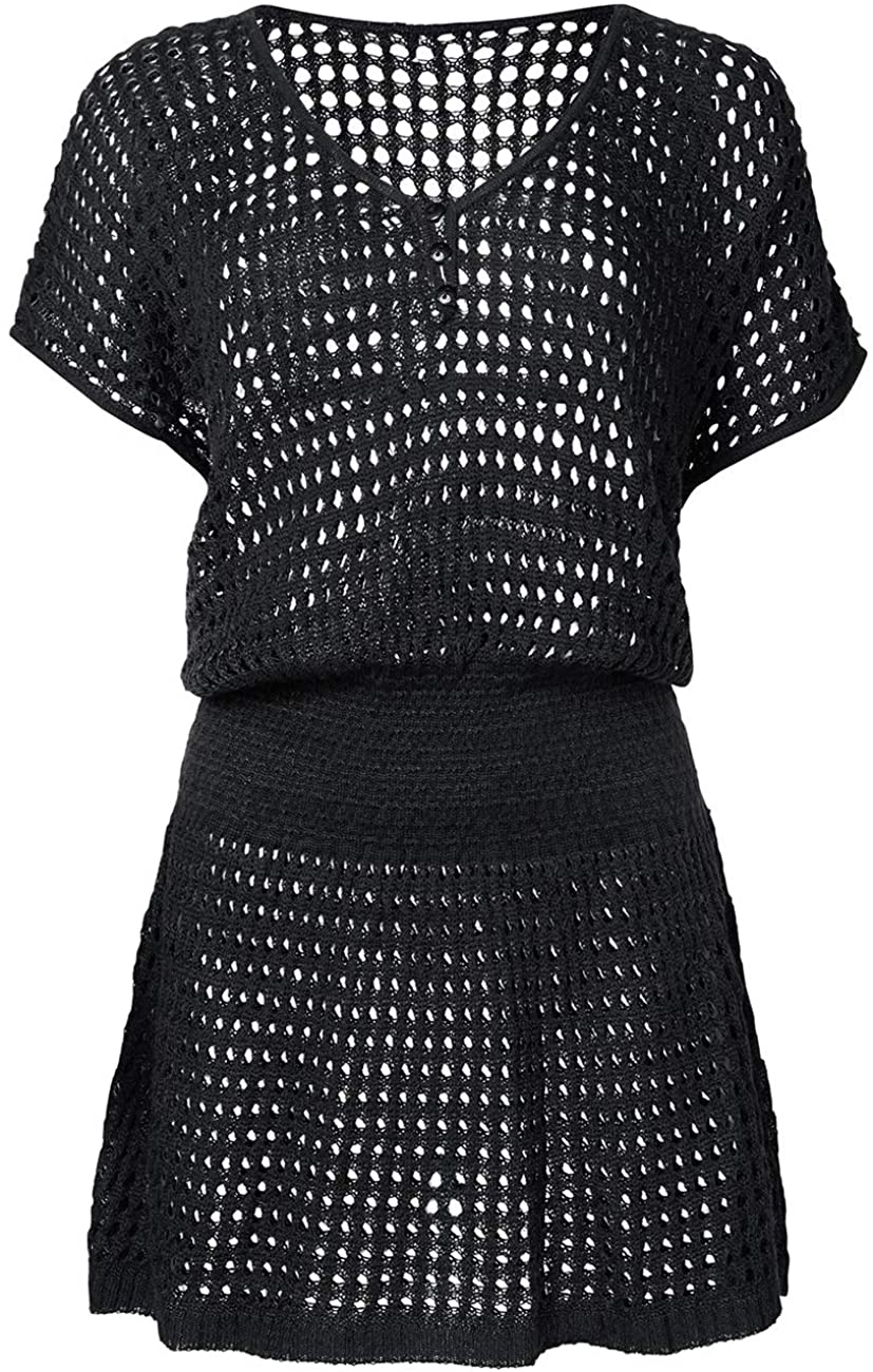 Bsubseach Women Crochet Hollow Out Swim Cover Ups Short Sleeve Beach Swimwear Tunic Dress Apparel & Accessories > Clothing > Swimwear Kylie Max   