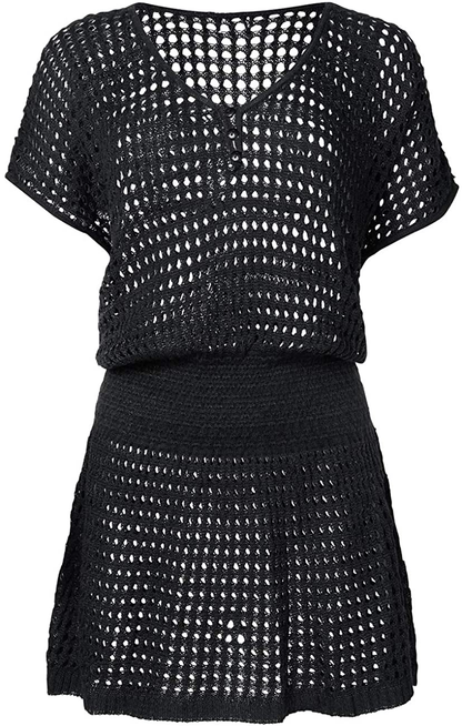 Bsubseach Women Crochet Hollow Out Swim Cover Ups Short Sleeve Beach Swimwear Tunic Dress Apparel & Accessories > Clothing > Swimwear Kylie Max   