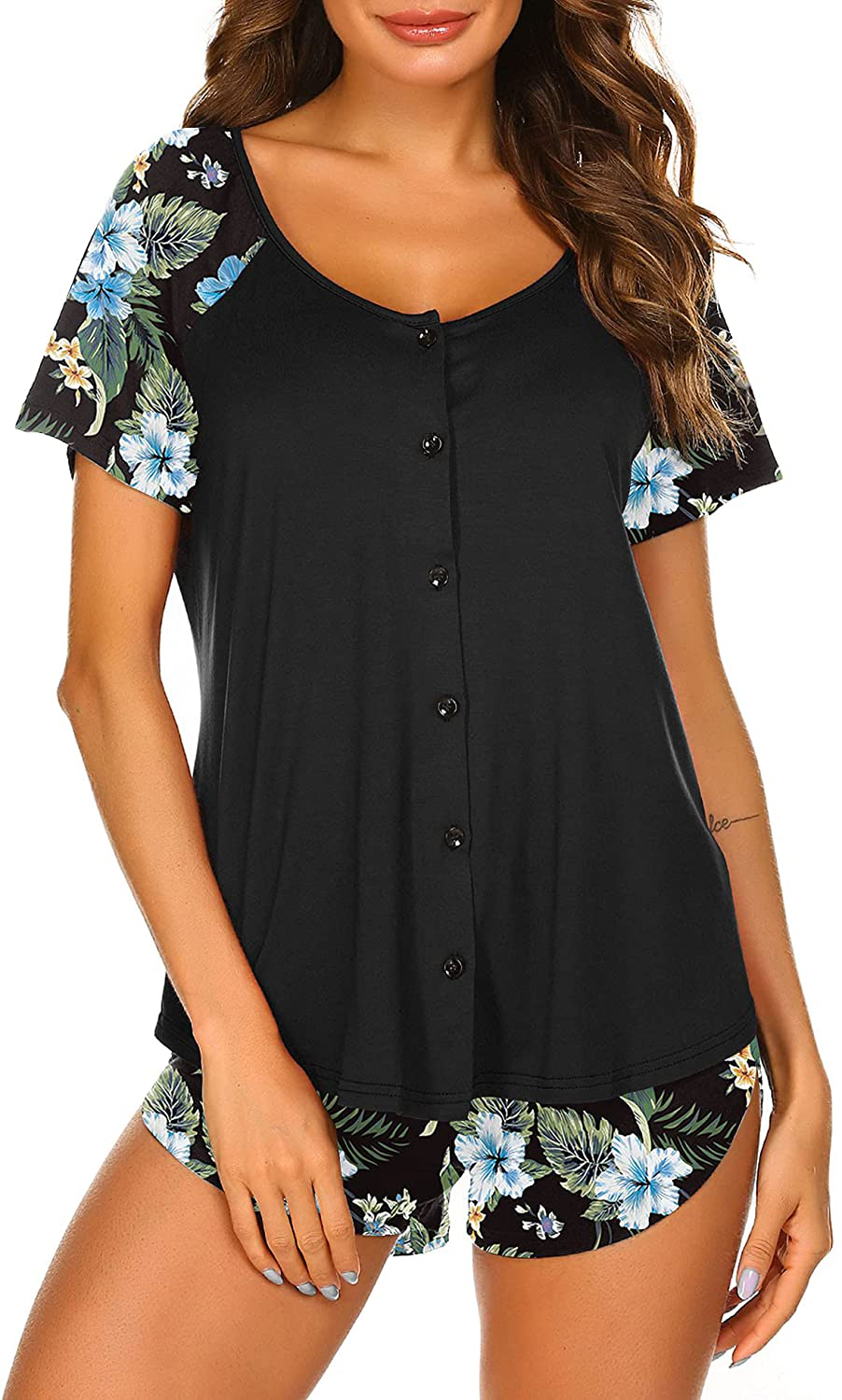 Ekouaer Women's Pajama Short Sleeve Sleepwear Soft Pj Set Top and Shorts Pajamas Set Apparel & Accessories > Clothing > Sleepwear & Loungewear > Pajamas Ekouaer Style 1_black Flowers Medium 