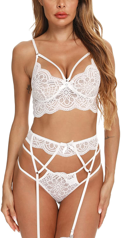CHEENBOL Lace Lingerie Set for Women 3 Piece Bralette Lingerie Bodysuit with Garter Belt(No Stockings) Apparel & Accessories > Clothing > Underwear & Socks > Lingerie CHEENBOL White Medium 