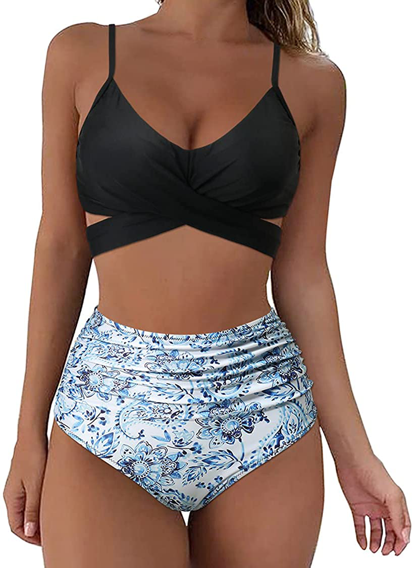 SUUKSESS Women Wrap Bikini Set Push Up High Waisted 2 Piece Swimsuits Apparel & Accessories > Clothing > Swimwear SUUKSESS 87 Black Paisley 12-14 