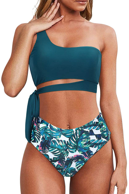 MOOSLOVER Women One Shoulder High Waisted Bikini Tie High Cut Two Piece Swimsuits Apparel & Accessories > Clothing > Swimwear MOOSLOVER Flower-1 Large 
