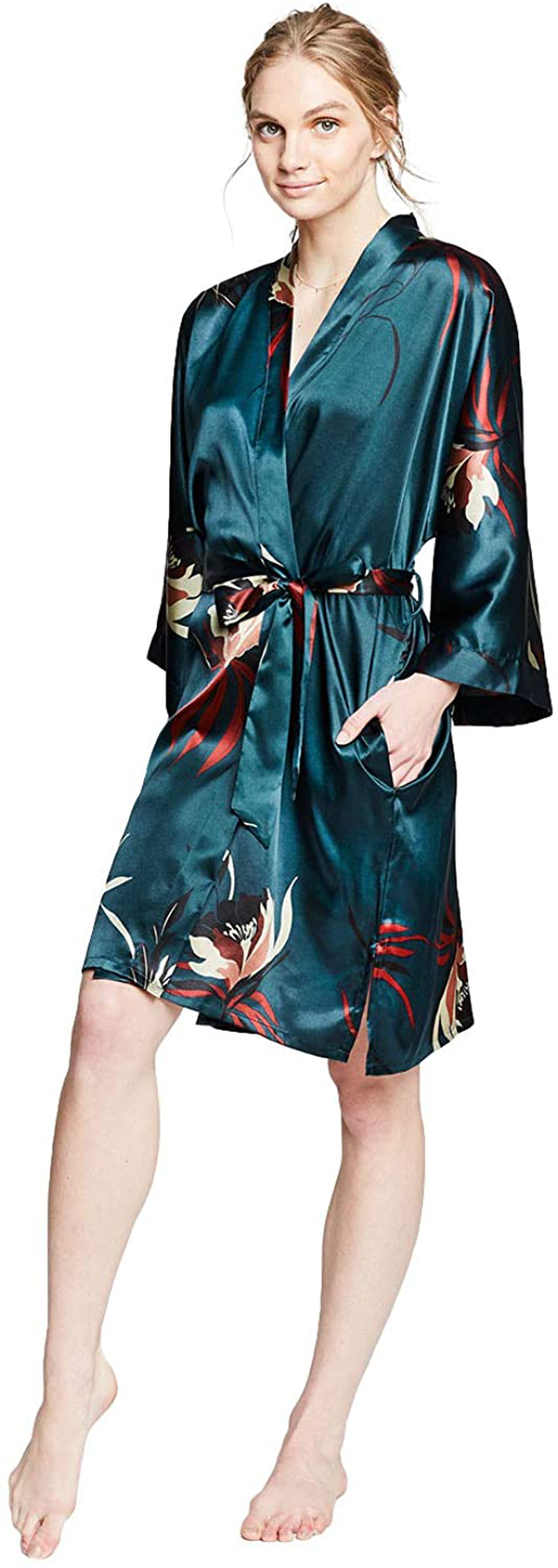 KIM+ONO Women'S Satin Kimono Robe Short - Floral Apparel & Accessories > Clothing > Sleepwear & Loungewear > Robes KIM+ONO   