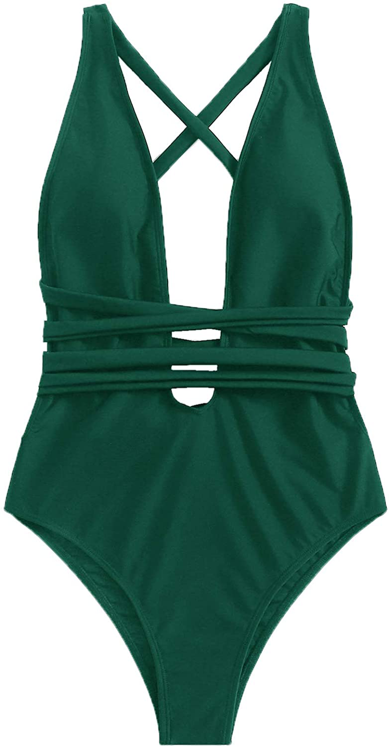 Sweatyrocks Women'S Sexy Basic Criss Cross Tie Knot Front Deep V Open Back One Piece Swimwear Apparel & Accessories > Clothing > Swimwear Kylie Max   