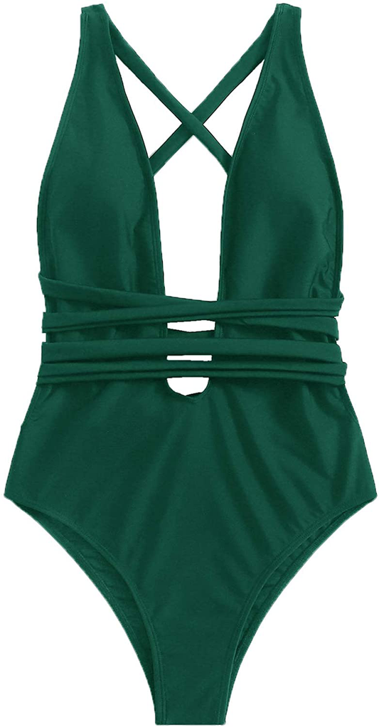 Sweatyrocks Women'S Sexy Basic Criss Cross Tie Knot Front Deep V Open Back One Piece Swimwear Apparel & Accessories > Clothing > Swimwear Kylie Max   