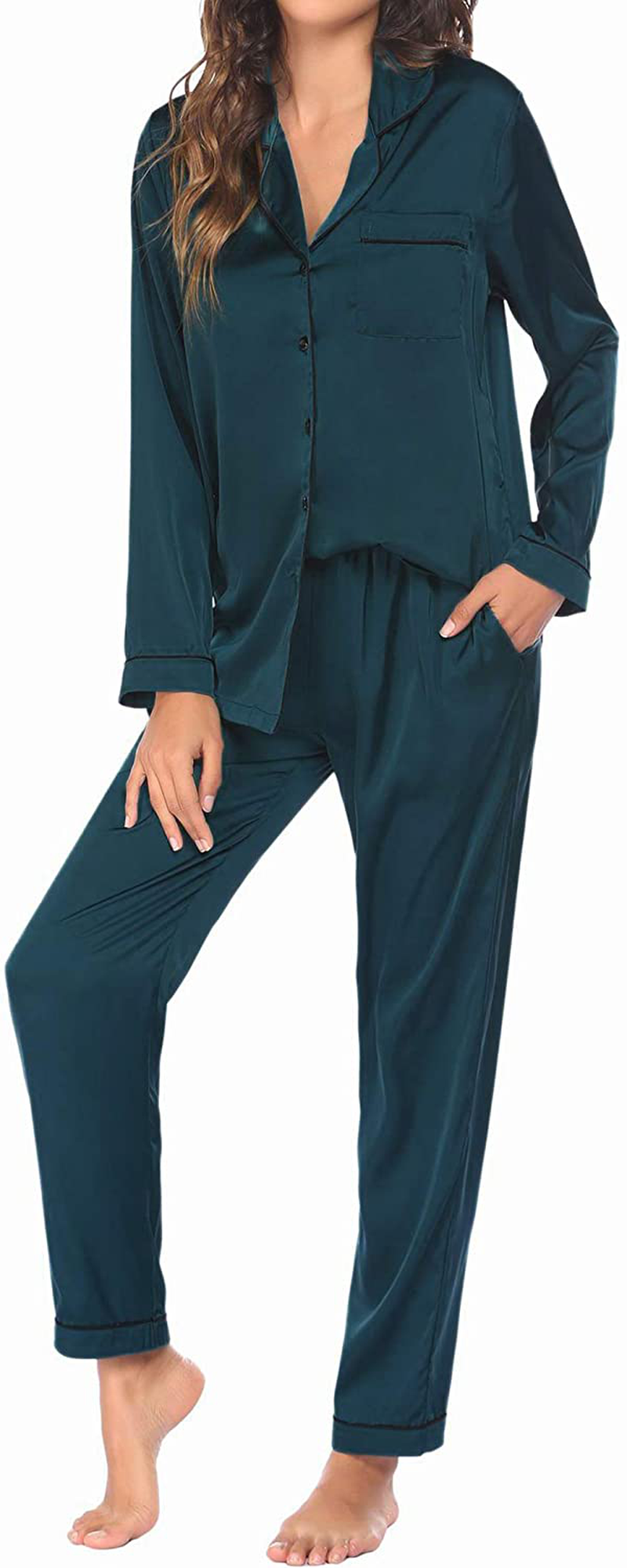 Ekouaer Satin Pajamas Women’S Long Sleeve Sleepwear Silk Soft Button down Loungewear Pjs Set S-XXL Apparel & Accessories > Clothing > Sleepwear & Loungewear > Pajamas Kylie Max   