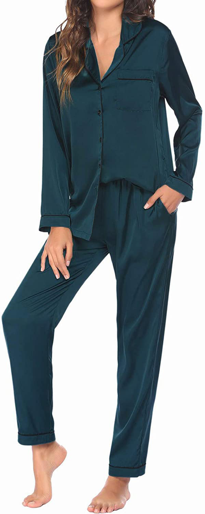 Ekouaer Satin Pajamas Women’S Long Sleeve Sleepwear Silk Soft Button down Loungewear Pjs Set S-XXL Apparel & Accessories > Clothing > Sleepwear & Loungewear > Pajamas Kylie Max   