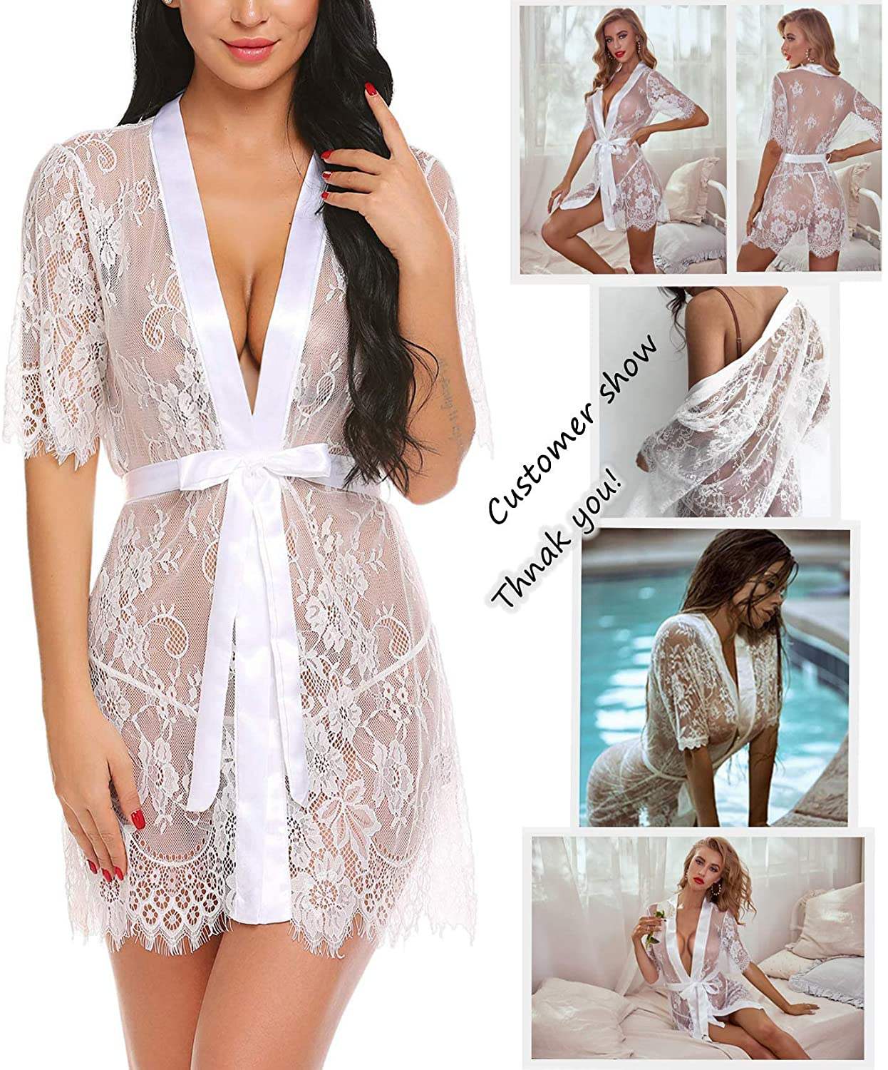 Avidlove Women Kimono Robe Floral Lace Babydoll Lingerie Sheer Mesh Nightgown Apparel & Accessories > Clothing > Underwear & Socks > Lingerie Kylie Max   
