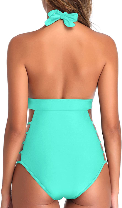 Tempt Me Women Plunge V Neck One Piece Swimsuits Halter Open Back Bathing Suits High Leg Cutout Swimwear Apparel & Accessories > Clothing > Swimwear Kylie Max   