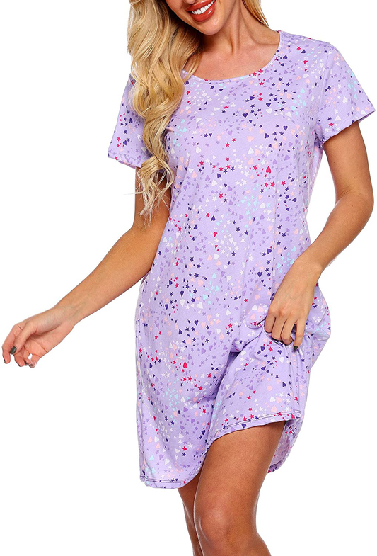 ENJOYNIGHT Sleepwear Women'S Nightgown Printed Sleep Shirt Short Sleeve Sleep Tee Cotton Nightshirt Apparel & Accessories > Clothing > Sleepwear & Loungewear > Nightgowns Kylie Max   