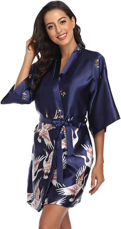 Original Kimono Women'S Floral Crane Kimono Robe Short Silky Sleepwear plus Size Satin Spa Party Dressing Gown Apparel & Accessories > Clothing > Sleepwear & Loungewear > Robes Original Kimono   