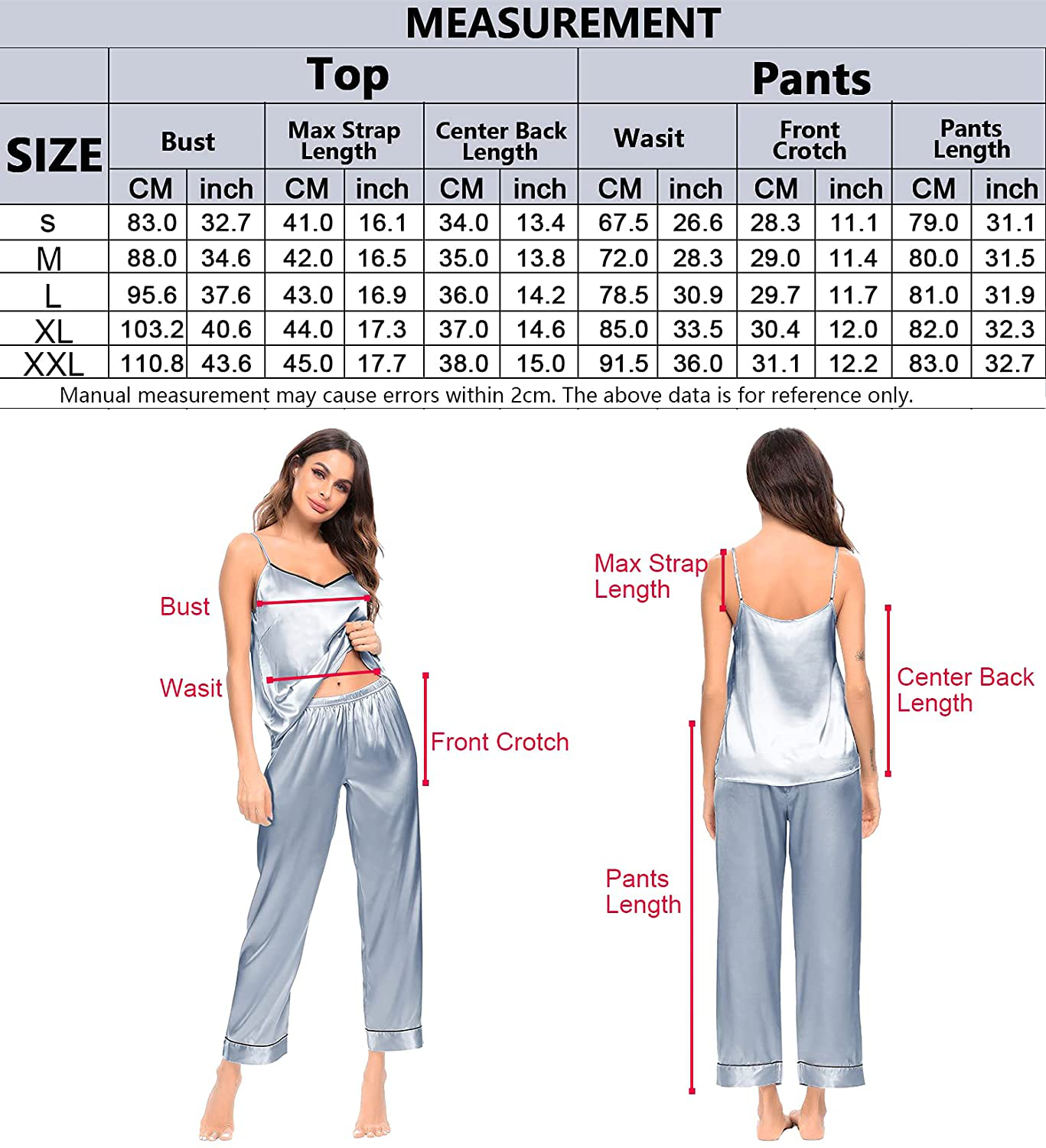 SWOMOG Womens Silk Satin Pajamas Set Two-Piece Pj Sets Cami Top and Capris Pants Sleepwear Apparel & Accessories > Clothing > Sleepwear & Loungewear Kylie Max   