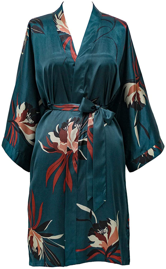 KIM+ONO Women'S Satin Kimono Robe Short - Floral Apparel & Accessories > Clothing > Sleepwear & Loungewear > Robes KIM+ONO Hana - Teal  