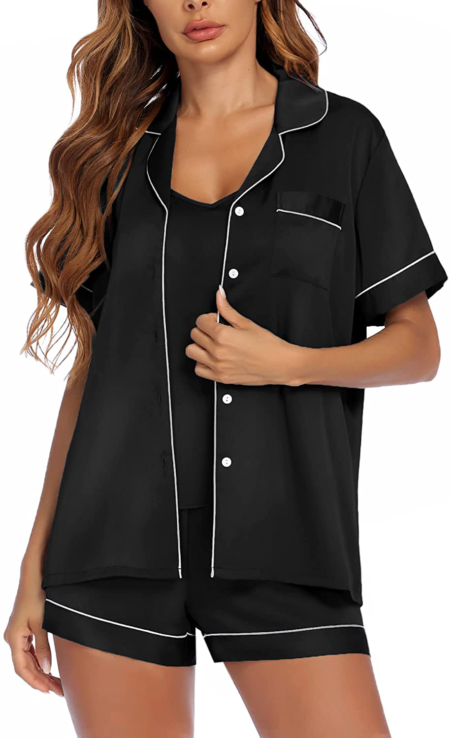 Ekouaer Silk Satin Pajamas Set 3 Pieces Button down Lounge Set Short Sleeve Pjs with Cami Tops Apparel & Accessories > Clothing > Sleepwear & Loungewear Kylie Max   