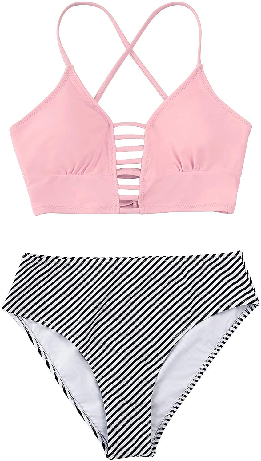 CUPSHE Women’s Bikini Swimsuit Floral Print Lace Up Multi Color Strappy Two Piece Bathing Suit Apparel & Accessories > Clothing > Swimwear KYLIE MAX Pink Stripe XX-Large 