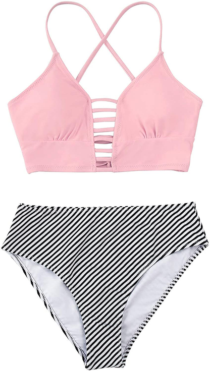 CUPSHE Women’s Bikini Swimsuit Floral Print Lace Up Multi Color Strappy Two Piece Bathing Suit Apparel & Accessories > Clothing > Swimwear KYLIE MAX Pink Stripe XX-Large 