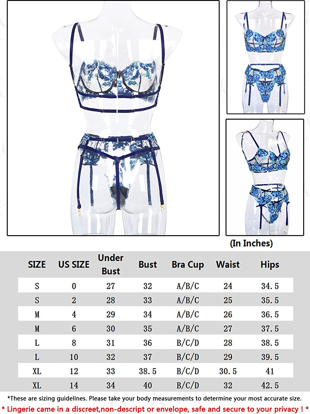 Garter Lingerie for Women,Sexy Lace Lingerie,Sheer Matching 3 Piece Lingerie Set Apparel & Accessories > Clothing > Underwear & Socks > Lingerie Kaei&Shi   