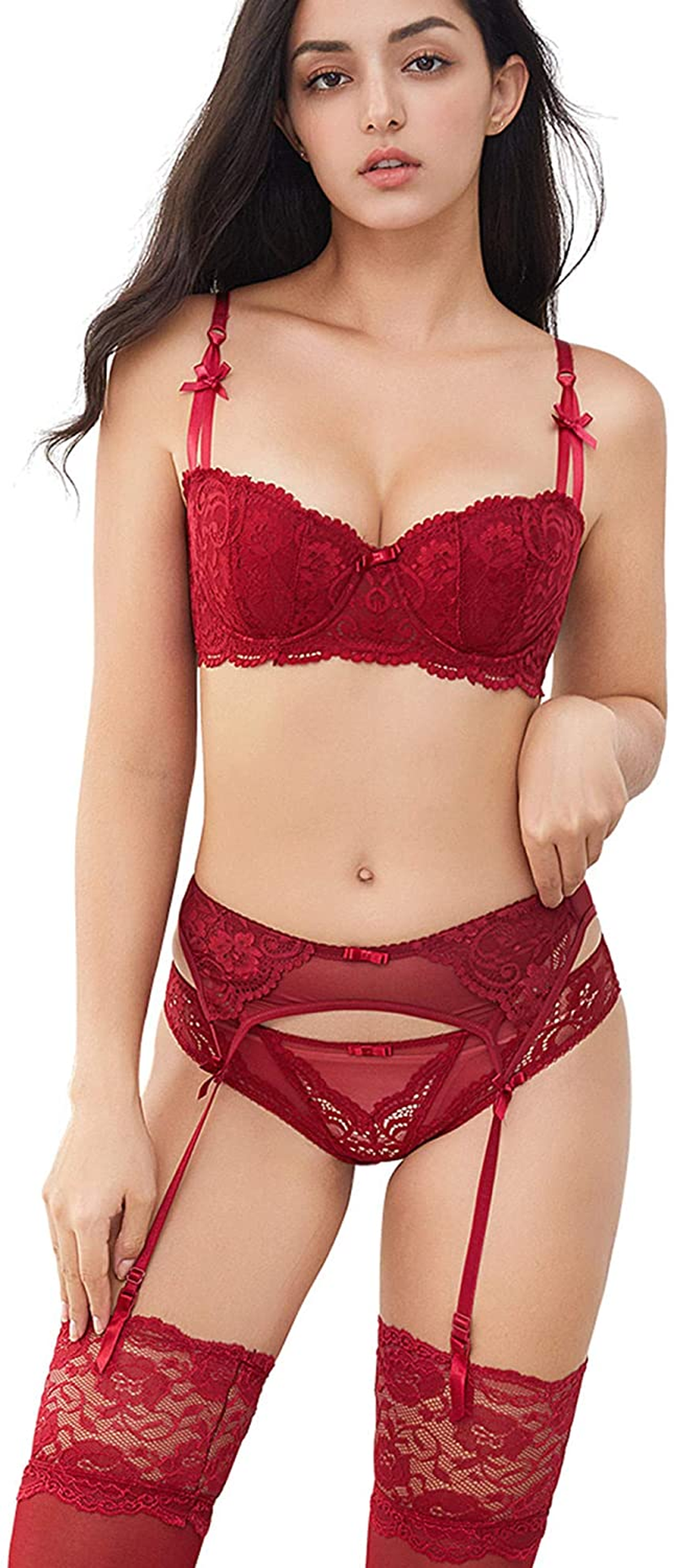 Women Push up Bras Set Lace Lingerie Bra and Panties and Garter and Stocking 4Pcs Apparel & Accessories > Clothing > Underwear & Socks > Lingerie Ningsige Red 34A 