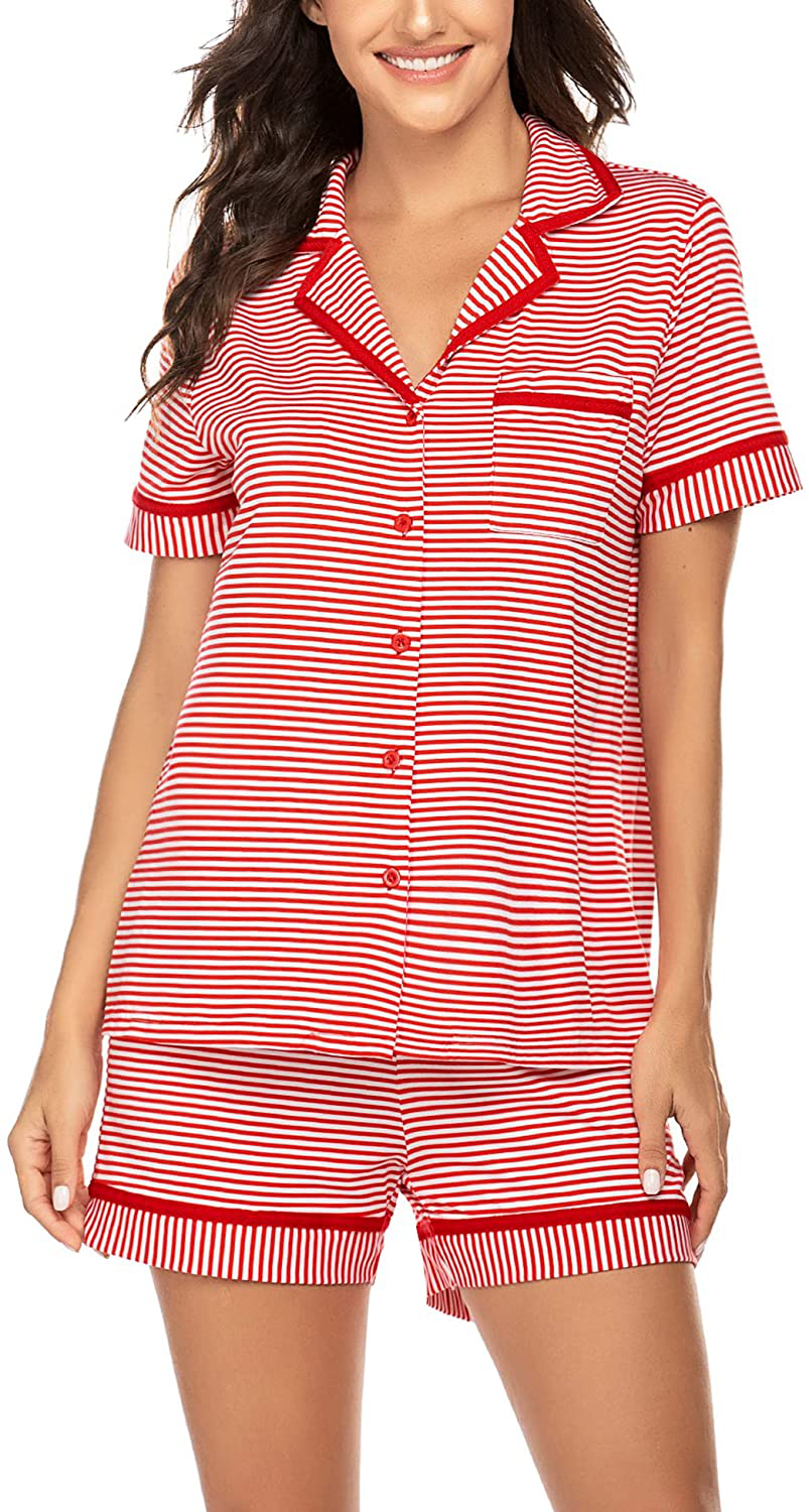 Ekouaer Pajamas Soft Striped Women's Short Sleeve Button Sleepwear Shorts Shirt PJ Set(S-XXL) Apparel & Accessories > Clothing > Sleepwear & Loungewear > Pajamas Ekouaer A-watermelon Red Striped XX-Large 