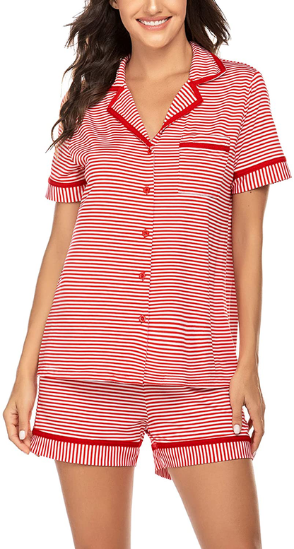 Ekouaer Pajamas Soft Striped Women's Short Sleeve Button Sleepwear Shorts Shirt PJ Set(S-XXL) Apparel & Accessories > Clothing > Sleepwear & Loungewear > Pajamas Ekouaer A-watermelon Red Striped XX-Large 
