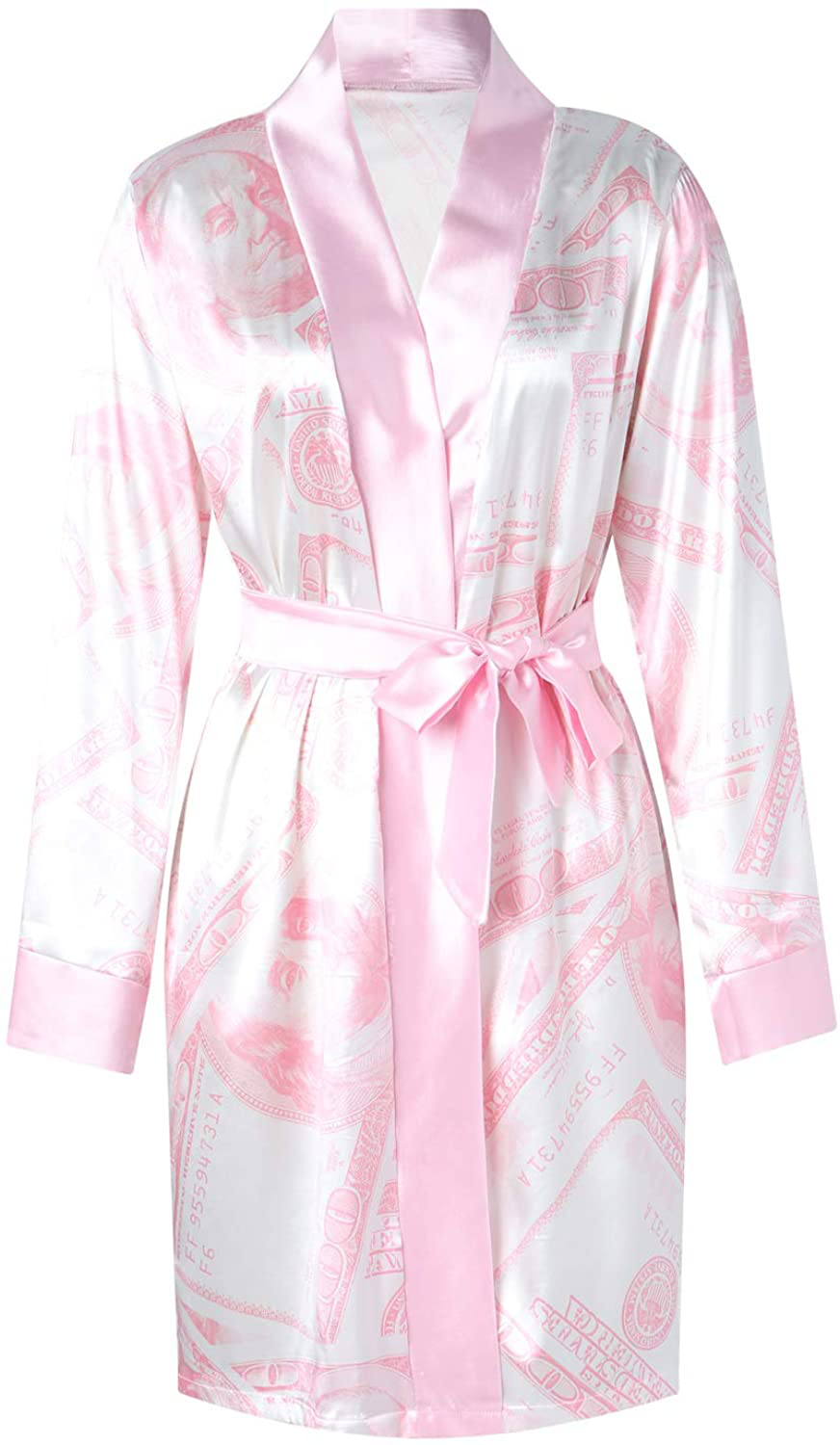 Women Money Print Silky Robes Long Sleeve Dollars Pattern Kimono Satin Robe Pjs Loungewear Sleepwear Apparel & Accessories > Clothing > Sleepwear & Loungewear > Robes Andannby   