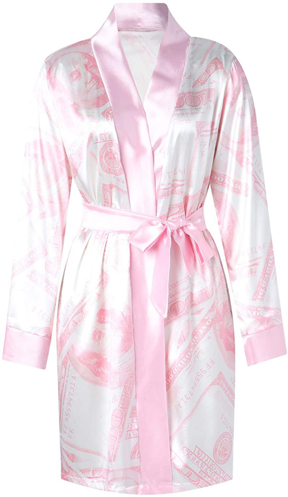 Women Money Print Silky Robes Long Sleeve Dollars Pattern Kimono Satin Robe Pjs Loungewear Sleepwear Apparel & Accessories > Clothing > Sleepwear & Loungewear > Robes Andannby   