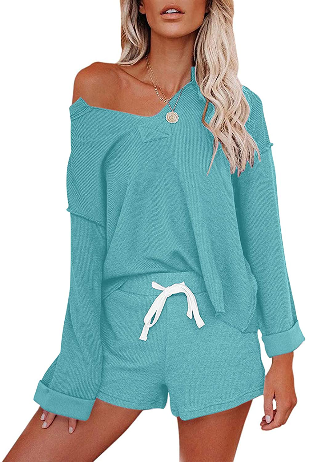 MEROKEETY Women's Long Sleeve Pajama Set Henley Knit Tops and Shorts Sleepwear Loungewear Apparel & Accessories > Clothing > Sleepwear & Loungewear > Pajamas MEROKEETY Sage X-Large 