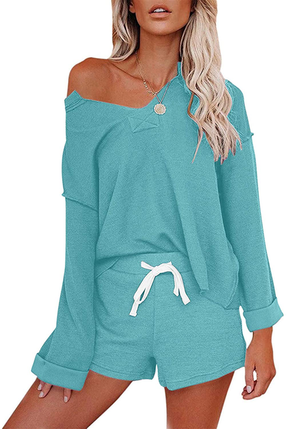 MEROKEETY Women's Long Sleeve Pajama Set Henley Knit Tops and Shorts Sleepwear Loungewear Apparel & Accessories > Clothing > Sleepwear & Loungewear > Pajamas MEROKEETY Sage X-Large 