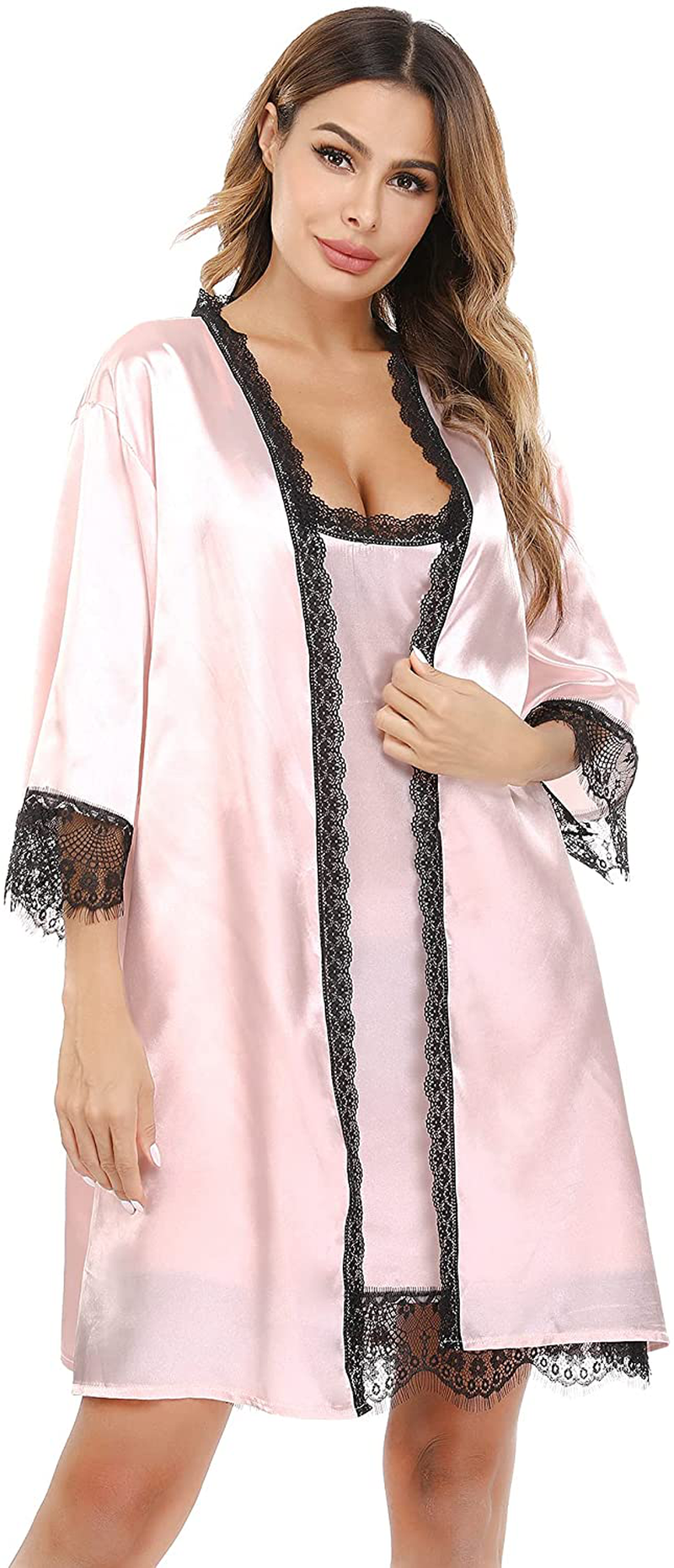 Sykooria Sexy Satin Robes for Women Lace Pajamas Set 2 Piece Sleepwear Ladies Lingerie Nightgown for Bride Party Apparel & Accessories > Clothing > Sleepwear & Loungewear > Robes Sykooria   