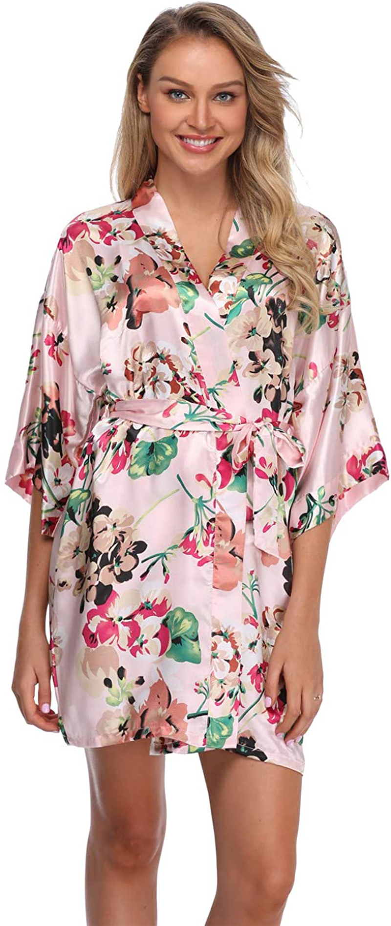 Women'S Floral Satin Kimono Robes Short Bridesmaid Robes for Wedding Party Apparel & Accessories > Clothing > Sleepwear & Loungewear > Robes Super Shopping-zone Pink Small 