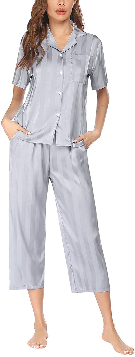 Ekouaer Women Silk Satin Pajamas Button down Lounge Sets Short Sleeve Sleepwear Apparel & Accessories > Clothing > Sleepwear & Loungewear > Pajamas Kylie Max   
