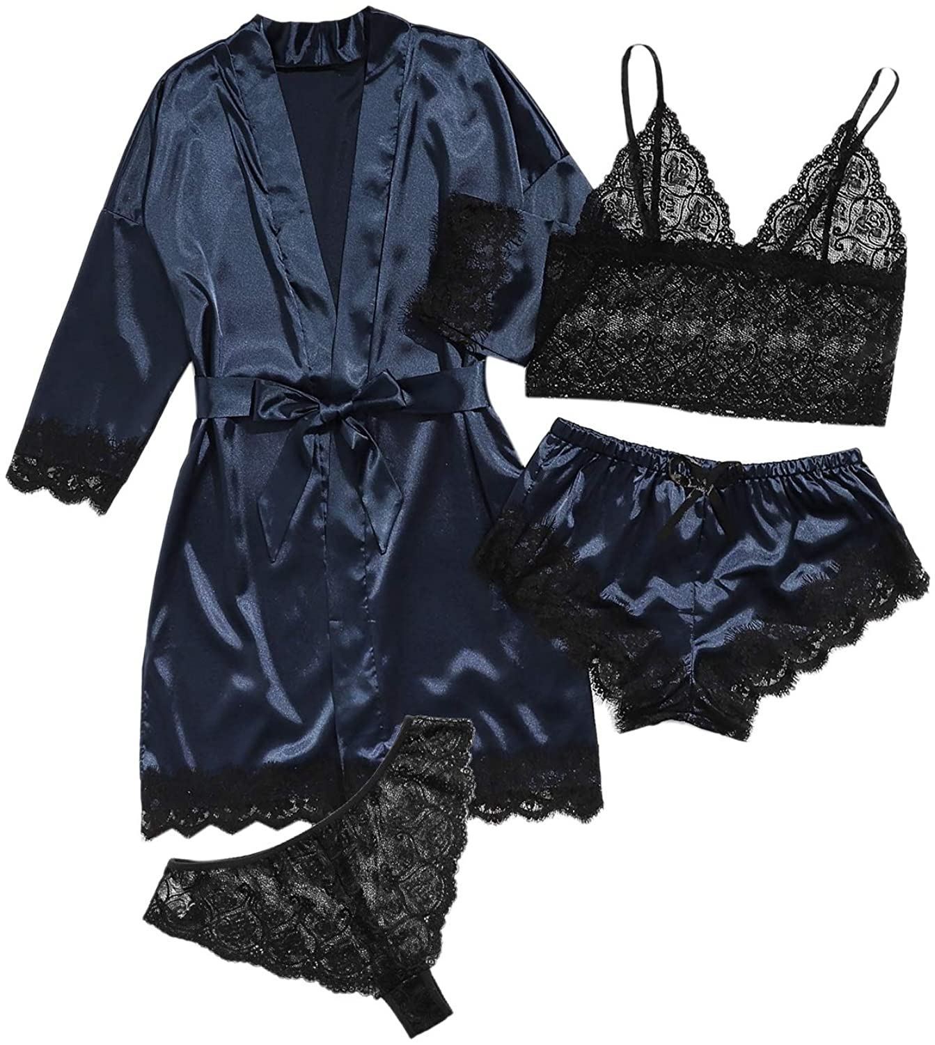 WDIRARA Women'S 4 Pieces Satin Floral Lace Cami Top Lingerie Pajama Set with Robe Apparel & Accessories > Clothing > Underwear & Socks > Lingerie WDIRARA Navy X-Small 