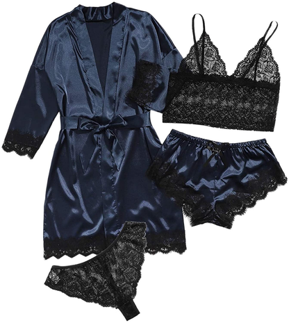 WDIRARA Women'S 4 Pieces Satin Floral Lace Cami Top Lingerie Pajama Set with Robe Apparel & Accessories > Clothing > Underwear & Socks > Lingerie WDIRARA Navy X-Small 