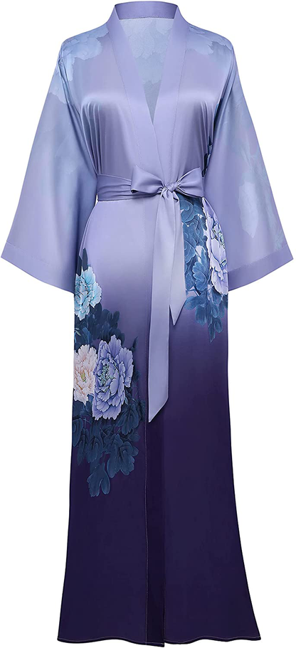 PRODESIGN Long Kimono Robe Satin Sleepwear Gradient Watercolor Silky Kimono Nightgown Bathrobe Kimono Blouse Cardigan Apparel & Accessories > Clothing > Sleepwear & Loungewear > Robes KYLIE MAX Gradient Color - Orchid  