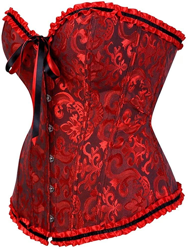 Women'S Lacing Corset Top Satin Floral Boned Overbust Body Shaper Bustier Apparel & Accessories > Clothing > Underwear & Socks > Lingerie SHYMMUO   